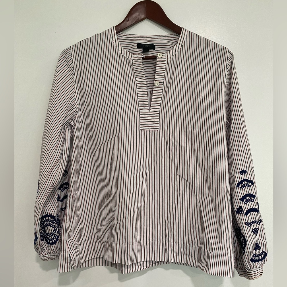 J. Crew White Shirt with Navy Pinstripes and Navy Embroidered Sleeves